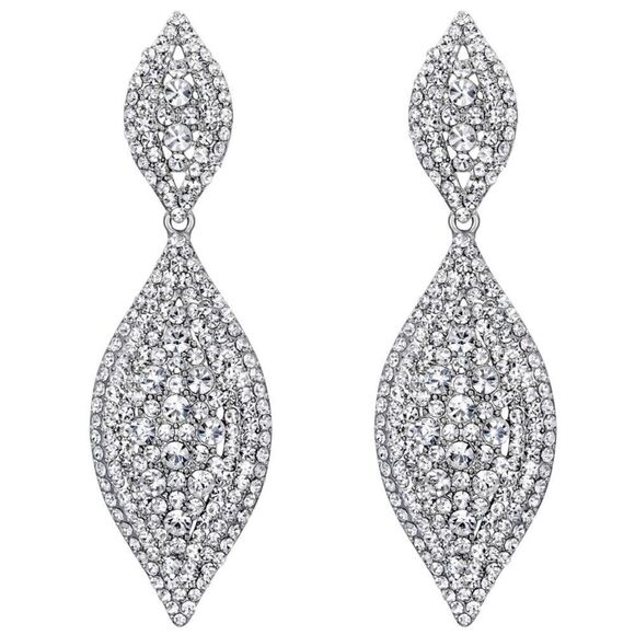 Silver with White Diamond Crystal Double Leaf Chandelier Post Back Drop Earrings - Picture 1 of 6